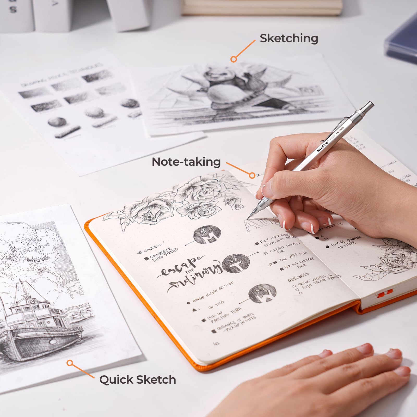 Nicpro 4 PCS Metal Mechanical Pencil Set 0.5 mm & 0.7mm with Case, Artist Pencil MP1000 with 6 Tubes HB Lead Refill, 3 Eraser, 9 Eraser Refill For Art Writing Drafting Drawing,Black & Silver