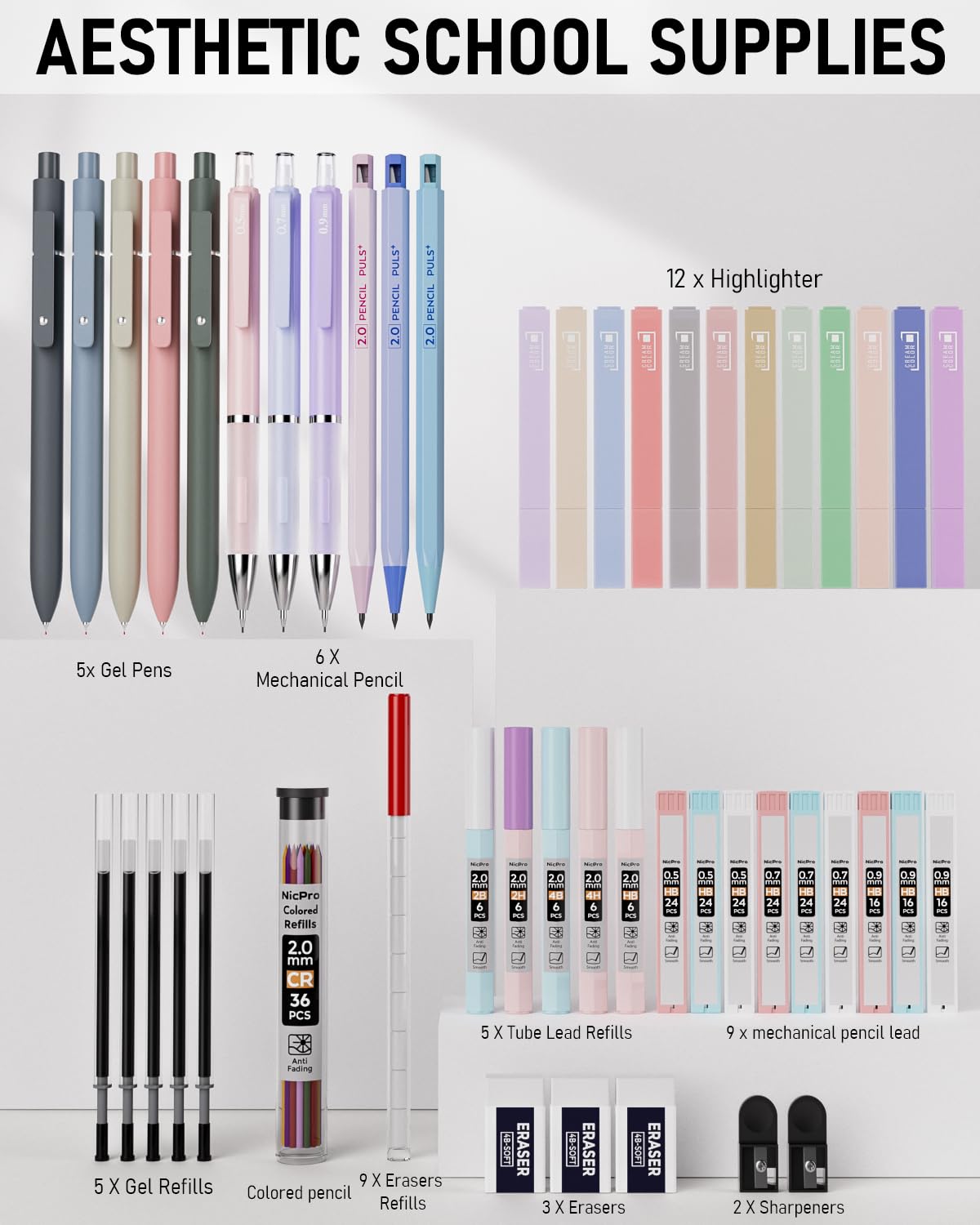 Nicpro 50 PCS Aesthetic School Supplies with Pen Case, 12 Colors Chisel Tip Cute Highlighters, 5 Quick Dry Retractable Black Ink Pens, 6 Pastel Mechanical Pencil 0.5 & 0.7 & 0.9 & 2.0 mm for Students
