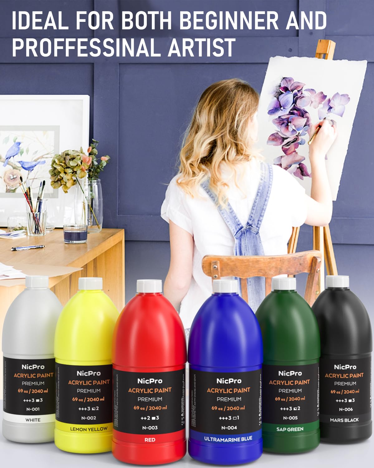 Nicpro 6 Colors Large Bulk Acrylic Paint Set (69 oz, 2040ml) Rich Art Painting Supplies Non Toxic for Multi Surface, Canvas, Wood, Leather, Fabric Stone Craft, for Kid & Adult with Pump, Color wheel