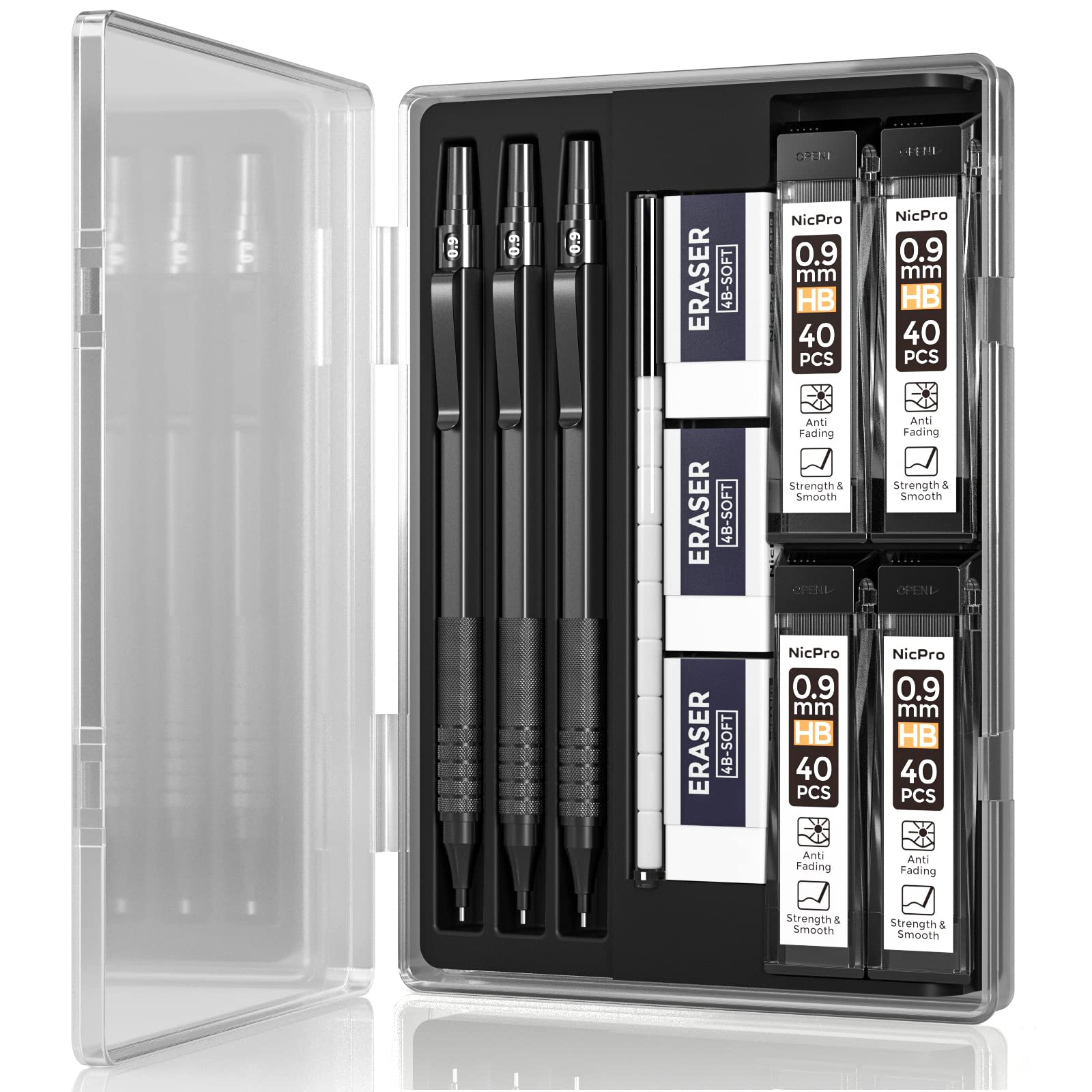 Nicpro Metal 0.9 mm Mechanical Pencils Set with Case, 3PCS Black 0.9mm Drafting Pencil, 6 Tubes HB Lead Refills, 3PCS Erasers, Erasers Refills for Adults, Children, Artist Writing, Drawing, Sketching