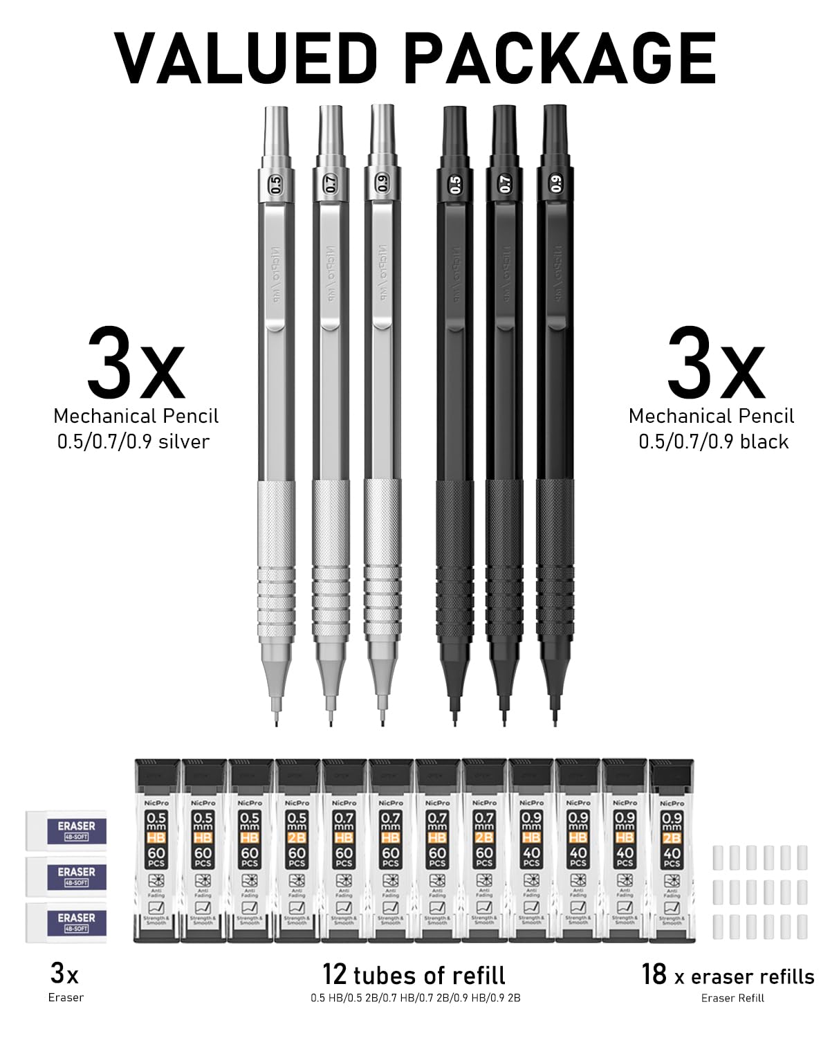 Nicpro 0.5 & 0.7 & 0.9 mm Metal Mechanical Pencil Set withCase,6PCS MP1000 Artist Lead Pencil with 12 Tubes HB & 2BLead Refills, Erasers For Architect Writing Drafting Sketching Drafting with Case