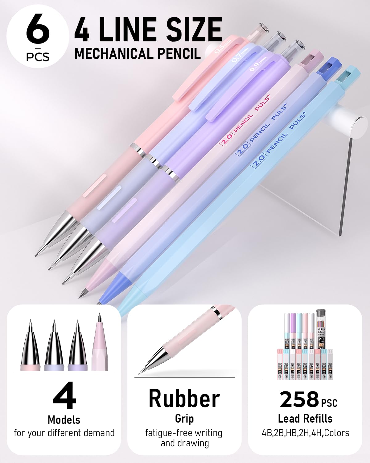 Nicpro Pastel Mechanical Pencil Set, 6 PCS Cute Aesthetic Mechanical P