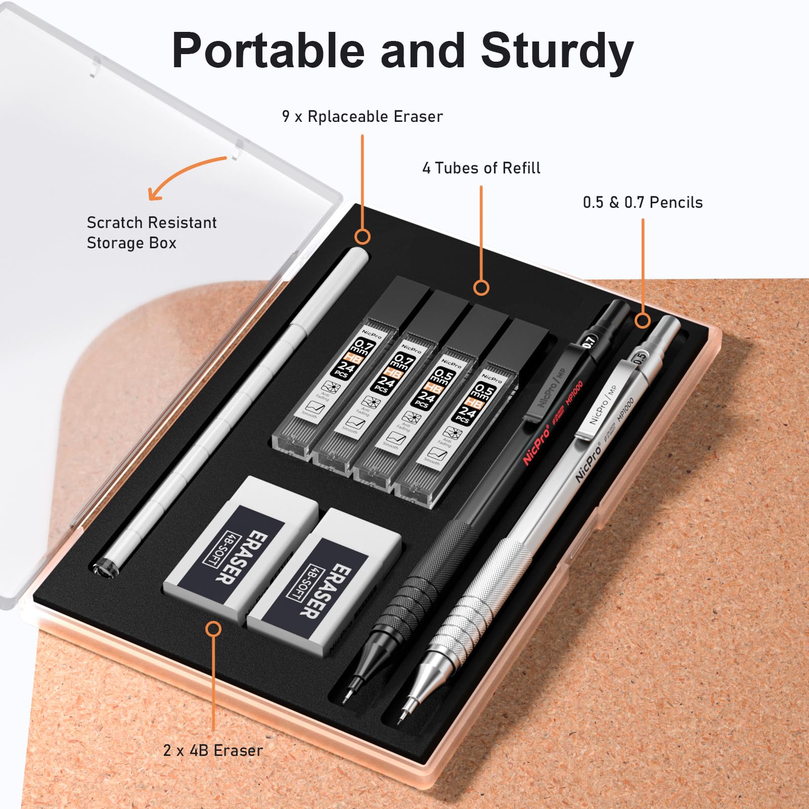 Nicpro 2 PCS Mechanical Pencils 0.5mm & 0.7 mm with Case, MP1000 Metal Artist Pencil Set with 4 Tubes HB Lead Refills, 2 Erasers, 9 Eraser Refills For Art Writing Drafting Drawing, Black & Silver