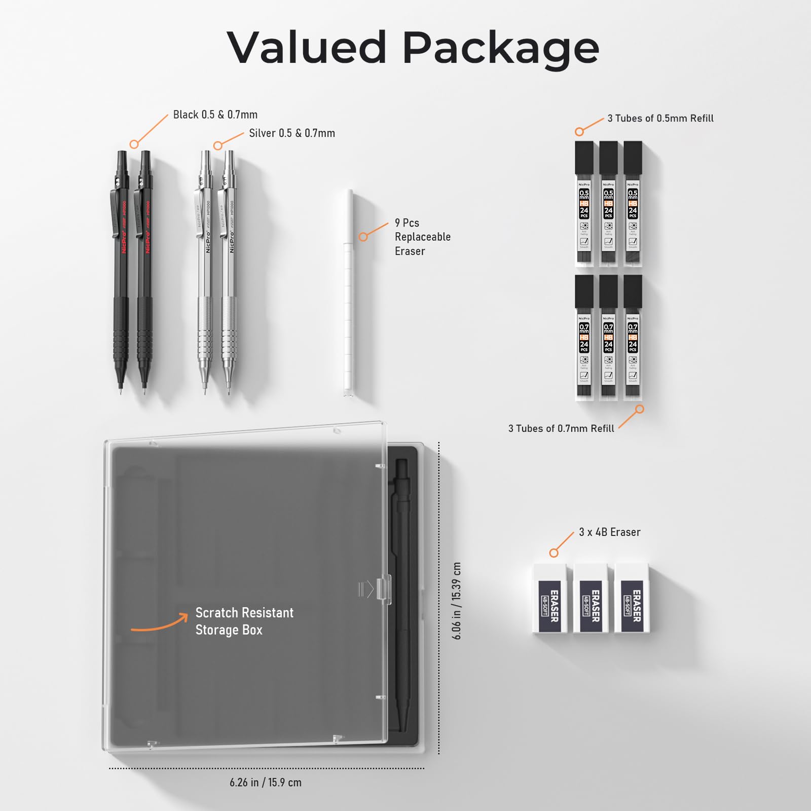 Nicpro 4 PCS Metal Mechanical Pencil Set 0.5 mm & 0.7mm with Case, Artist Pencil MP1000 with 6 Tubes HB Lead Refill, 3 Eraser, 9 Eraser Refill For Art Writing Drafting Drawing,Black & Silver