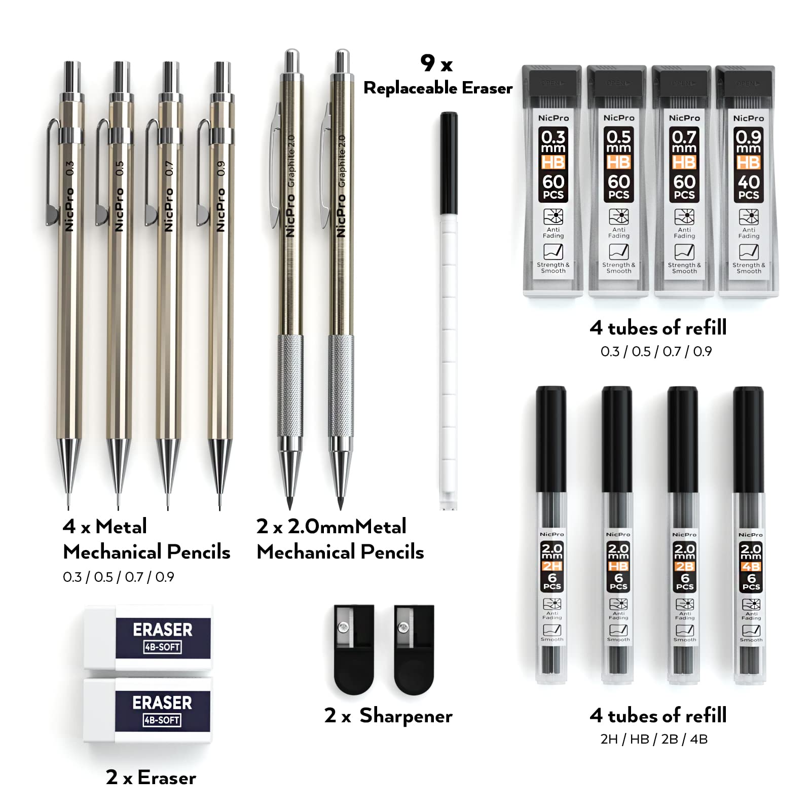Nicpro 6 PCS Art Mechanical Pencils Set Metal, Artist Drafting Pencil 0.3 & 0.5 & 0.7 & 0.9 mm and 2mm Lead Holder For Art Writing, Sketching Drawing,With 8 Tubes Lead Refills Erasers Sharpener