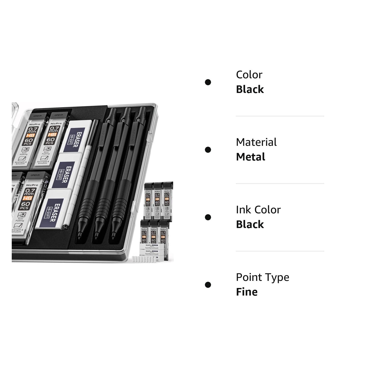 Nicpro 0.7 mm Mechanical Pencils Set with Case, 3 Metal Artist Pencil