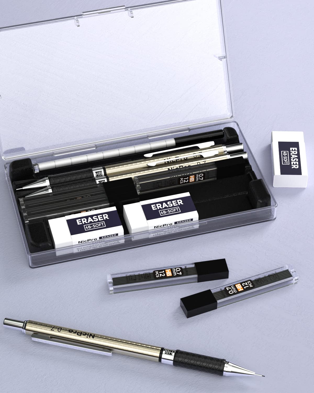 Nicpro Metal 0.9 Mechanical Pencil Set with Storage Case, 3PCS Black 0