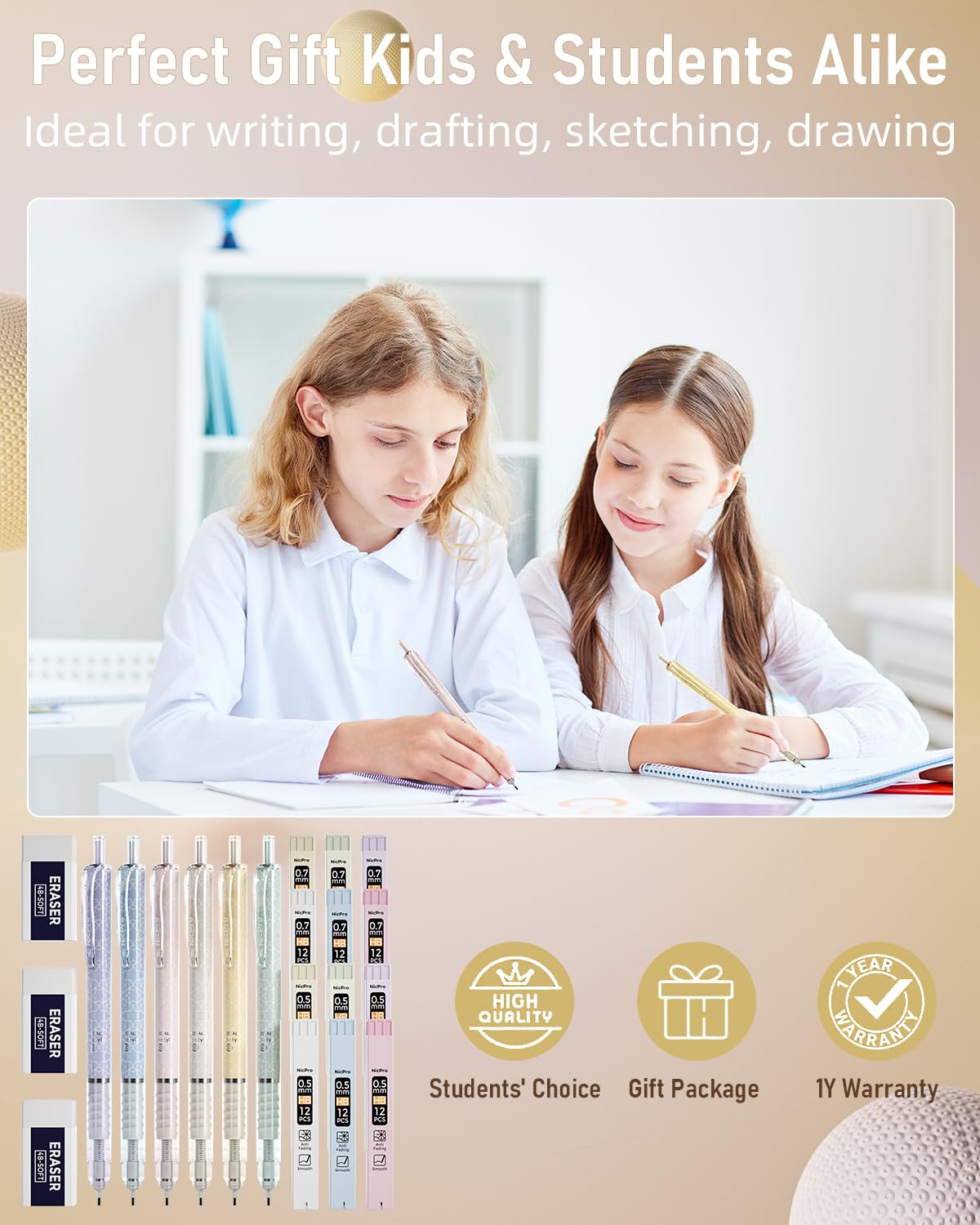 Nicpro 6PCS Pastel Mechanical Pencil Set with Eraser & HB Lead, Cute M