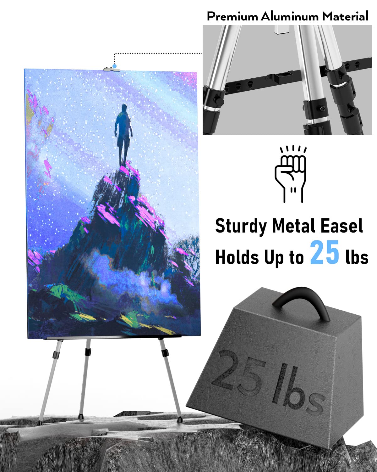 Nicpro 2 Pack Painting Easel for Display, Adjustable Height 17" to 66" Tabletop & Floor Art Easel, Aluminum Tripod Artist Easels Stand for Painting Canvas, Wedding Signs with Carry Bag - Silver