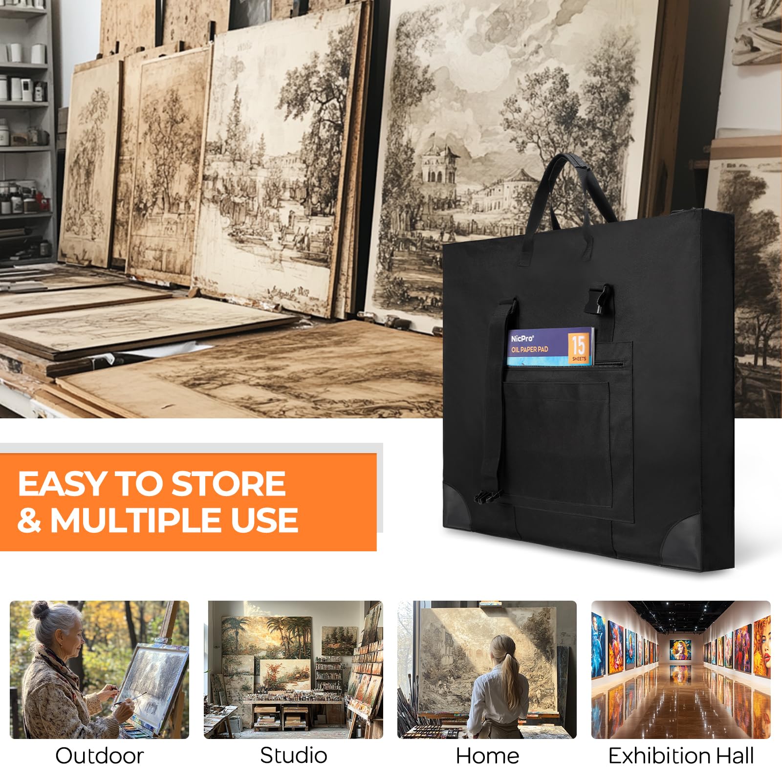 Nicpro Large Size Art Portfolio Case, Artist Portfolio Tote Bag with L