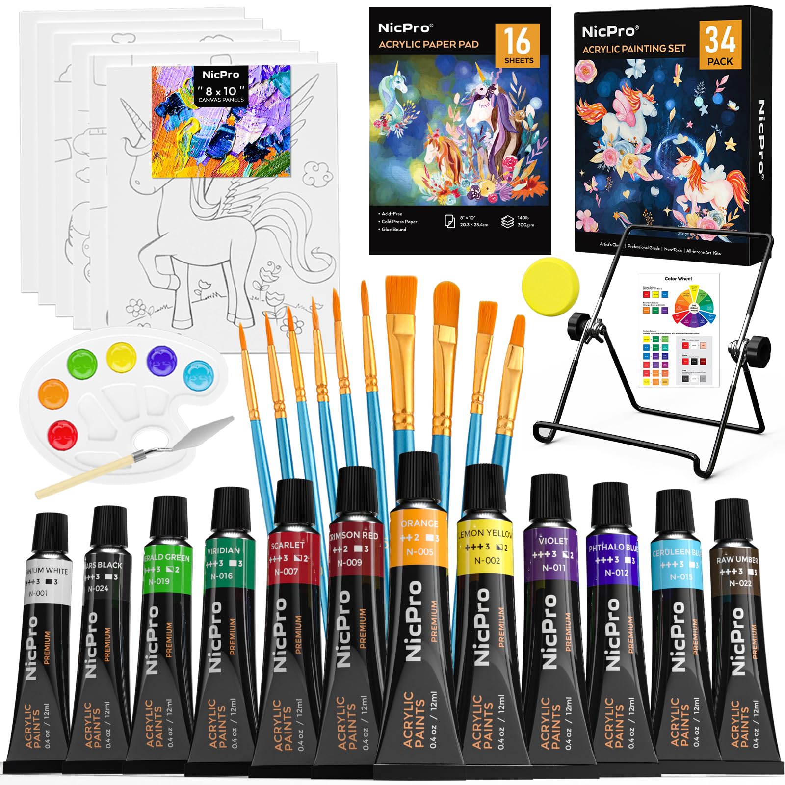 Nicpro 34PCS Kids Acrylic Paint Set with Pattern Canvas, Art Painting Supplies Kit with 12 Paints, 10 Brushes, 6 Canvas Panels, Table Easel, Paper Pad,Color Wheel,Palette for Beginner Student Toddlers