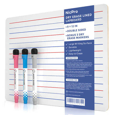 Nicpro Dry Erase Kid Whiteboard 9 x 12 Inches Double Sided Blank & Lined with 3 Water-Based Pens Small Learning Mini Ruled White Lap Board Portable for Student and Classroom Use