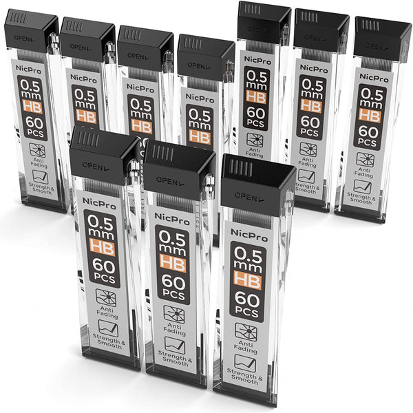 Nicpro 600 PCS Lead Refills 0.5mm HB #2 Break Resistant Mechanical Pencil Refills 0.5 mm, 60 Pack Per Tube, 10 Tubes