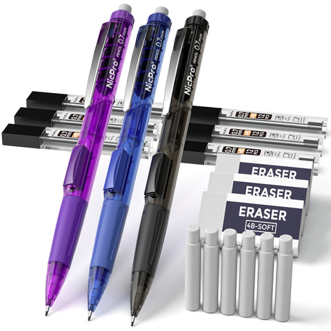 Nicpro 0.7mm Mechanical Pencil Set, 3 PCS Quick Side Click Pencil with 3 PCS Eraser and 6 Tubes Lead Refill Eraser Refills Case for Drawing, Writing, Drafting, Sketching