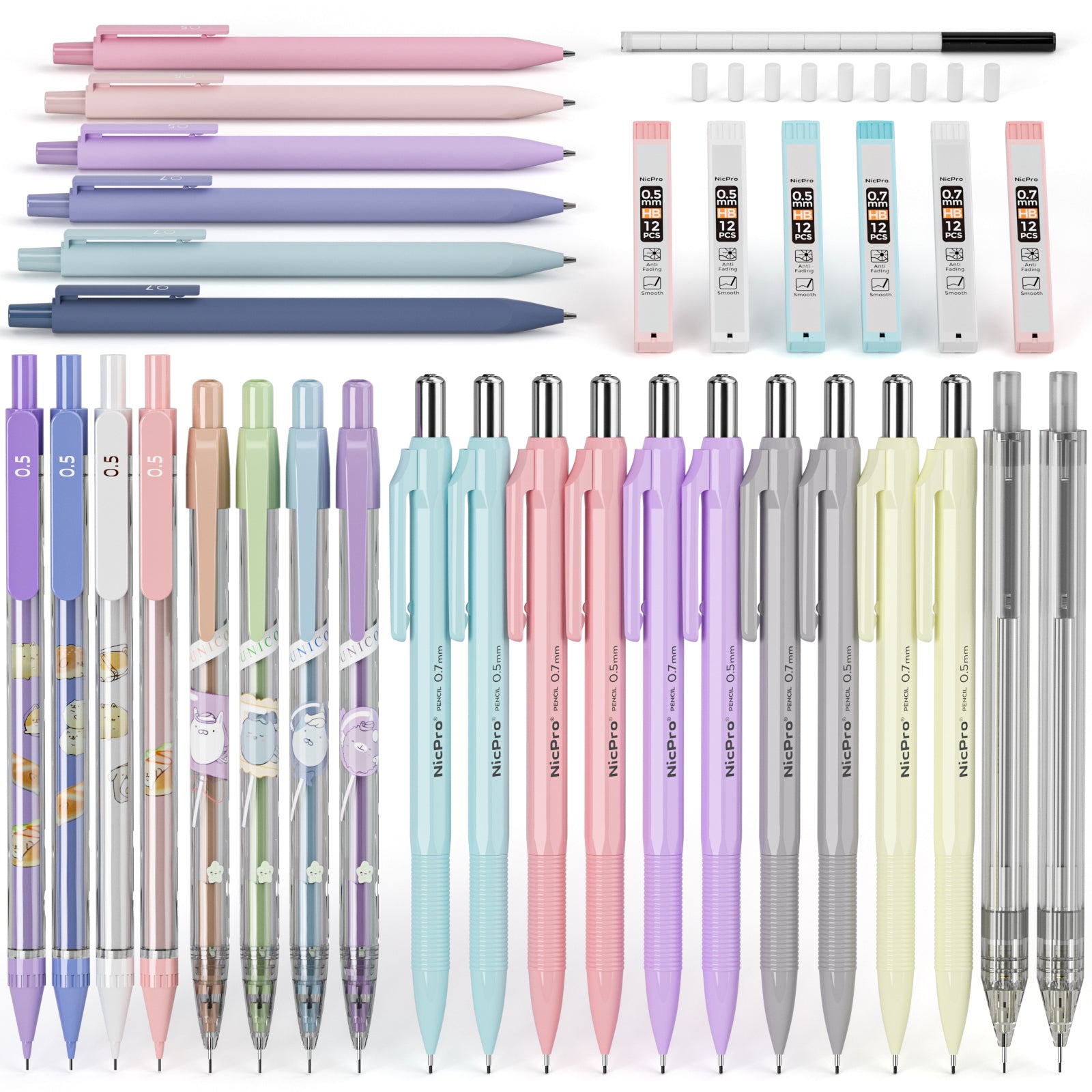 Nicpro Pastel Art Mechanical Pencil Bulk Set, 26 PCS Cute Drawing Pencils 0.5 & 0.7 mm With 6 Tubes HB Lead Refills and Eraser Refills For School, Office Supplies Writing Sketching Drafting