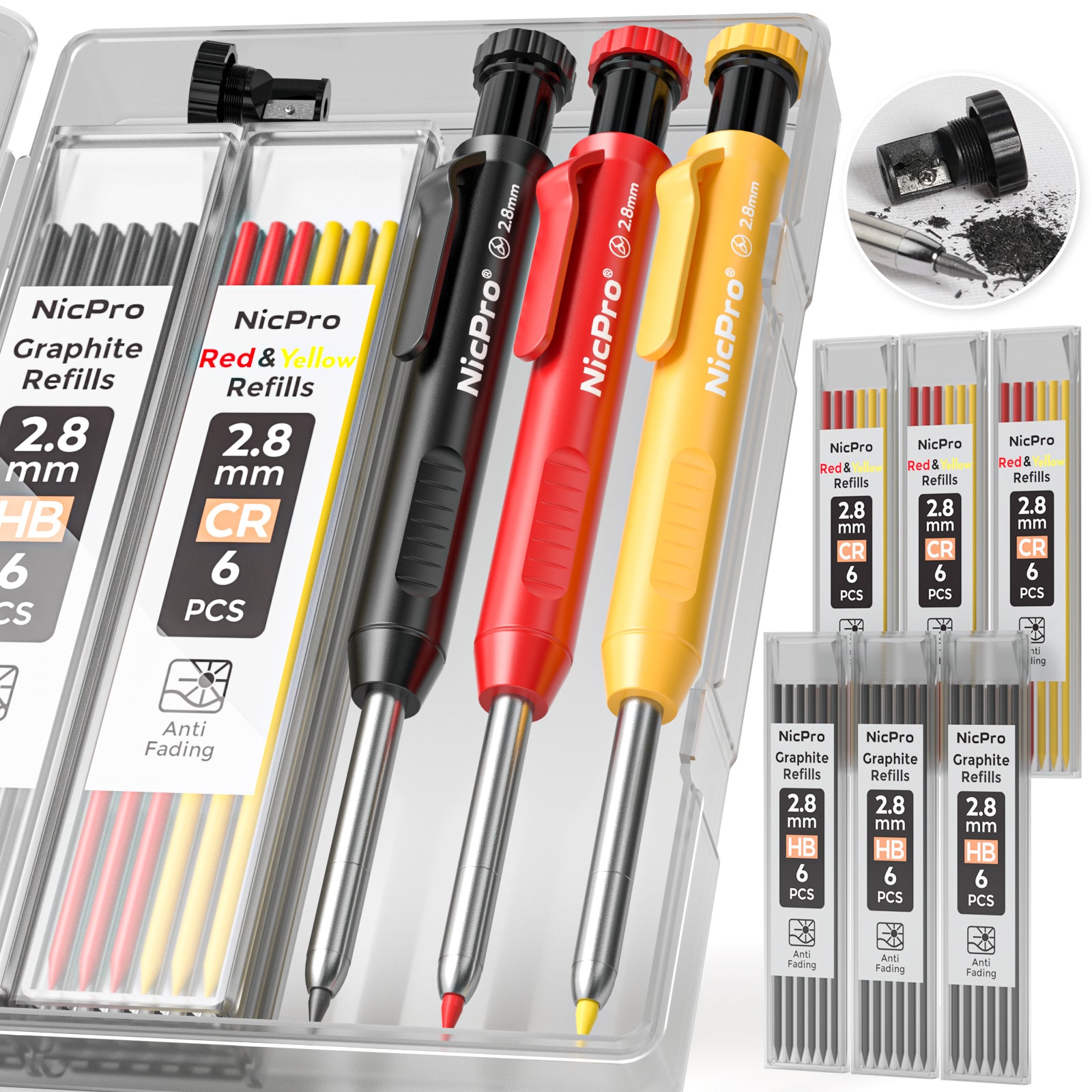 Nicpro 3 Pack Carpenter Pencil with Sharpener, Mechanical Carpenter Pencils with 36 Refills, Deep Hole Marker Construction Carpentry Pencils, Architect Pencil for Woodworking (Red, Black, Yellow)