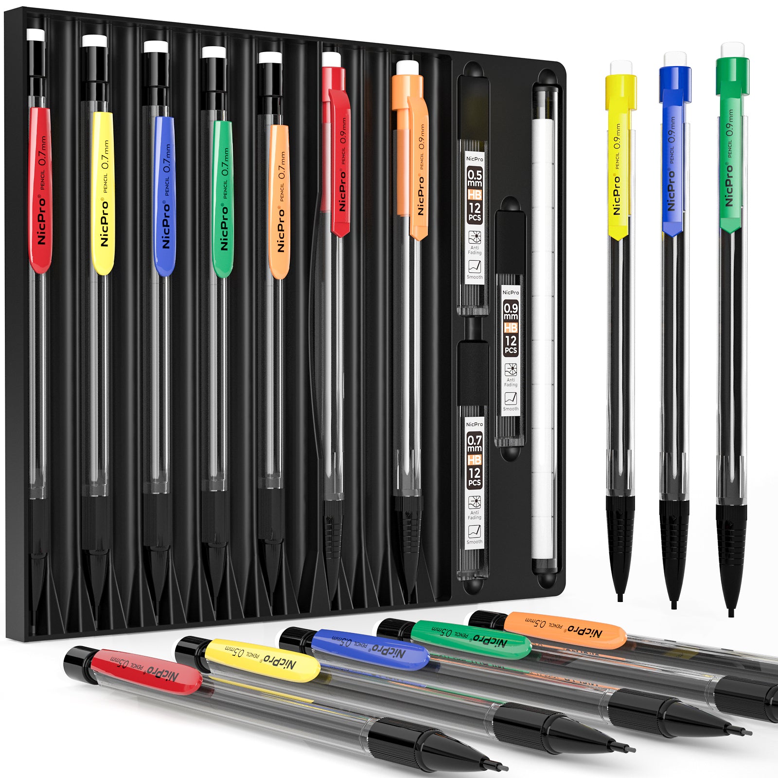 Nicpro 15 Pack Mechanical Pencil Set 0.5 mm & 0.7 mm & 0.9 mm , Color Pencil Clips Drafting Pencil Bulk with HB Lead Refills, Eraser Refills for Kid Student Smooth Writing, Drawing, Sketching