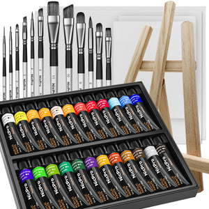 Nicpro Beginner Acrylic Paint Set, 24 Rich Pigment Colors (12ml) 12 Brushes, Wooden Easel, 4 Pack Canvas Panel, Paint Tray, Color Wheel, Painting Art Supplies for Artist Adult, Student & Kid
