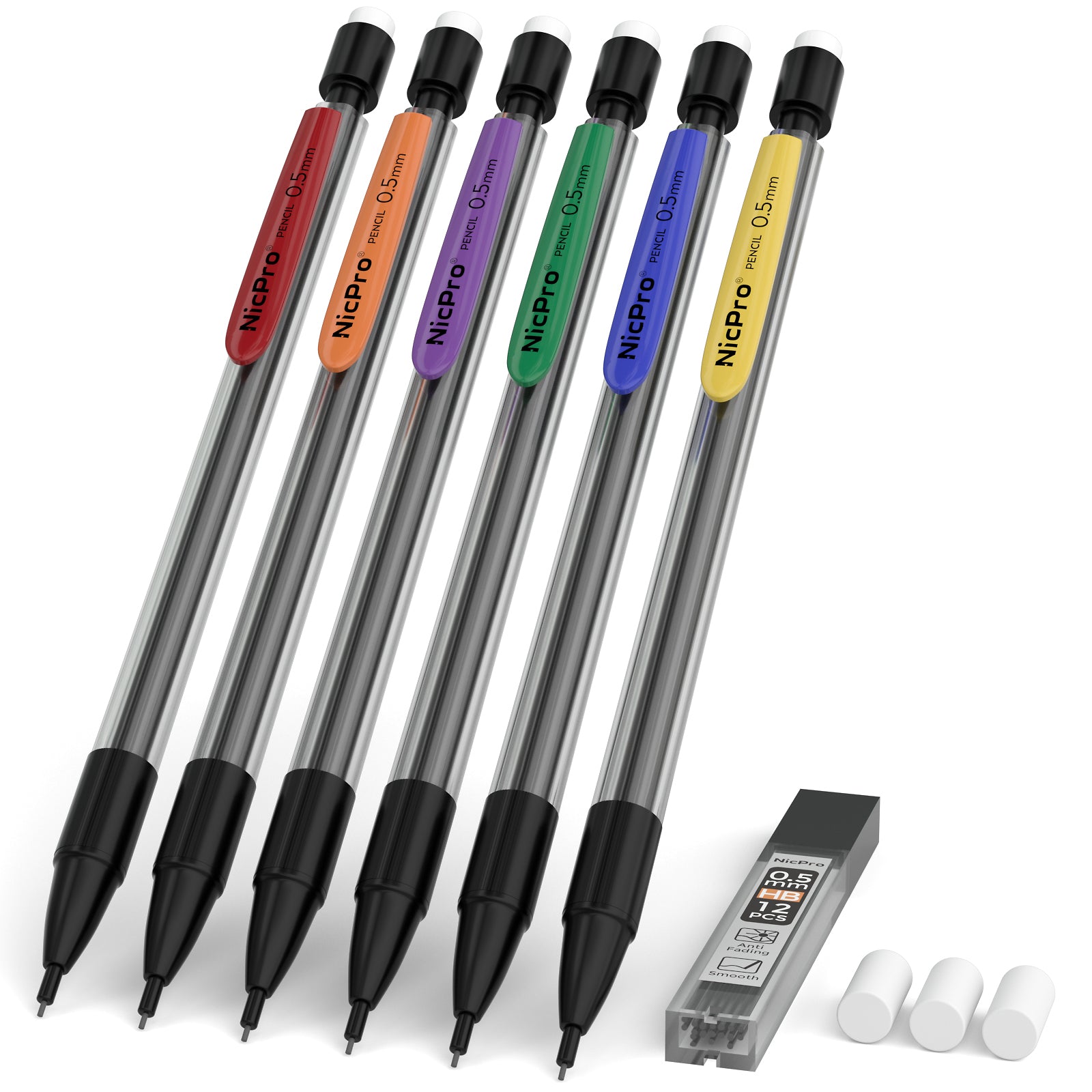 Nicpro 6 PCS 0.5 mm Mechanical Pencil Set, Color Pencil Clips Design Drafting Pencil with HB Lead Refills, 3 Eraser Refills for Student Writing, Drawing, Sketching