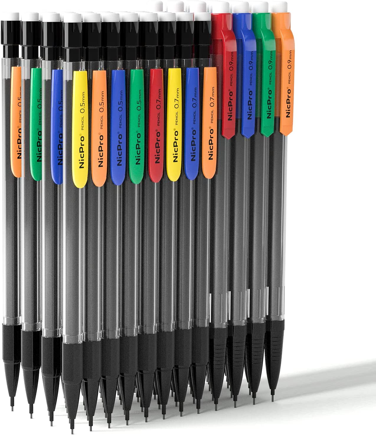 Nicpro 60 PCS Art Mechanical Pencils Set, Color Pencil Clips Drafting Pencil 0.5 mm & 0.7 mm & 0.9 mm with 6 Tube HB Lead Refills, 30 Eraser Refills for Kid Student Writing, Drawing, Sketching, School