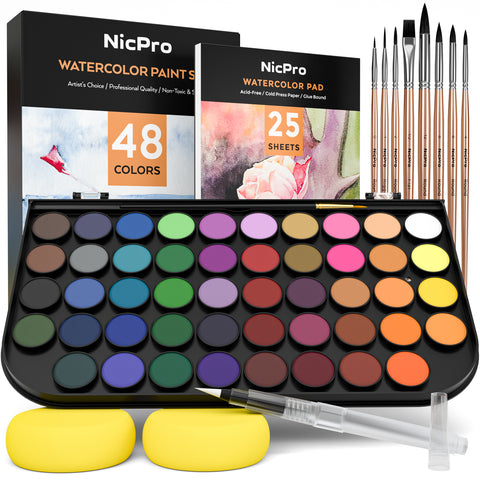 Nicpro Watercolor Paint Set, 48 Water Colors Kit with 8 Squirrel Brushes, Palette, Watercolor Pen, 25 Art Pad Paper, 2 Art Sponges, Non-Toxic Painting Supplies for Kids, Adults, Beginners, Artists