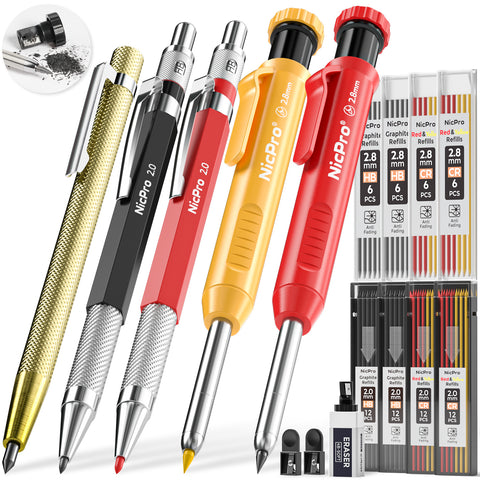Nicpro 5 Pack Mechanical Carpenter Pencil Set with 76 Refills & Carbide Scribe Tool, Solid Deep Hole Carpenter Markers Woodworking Pencils with Built-in Sharpener for Construction Architect