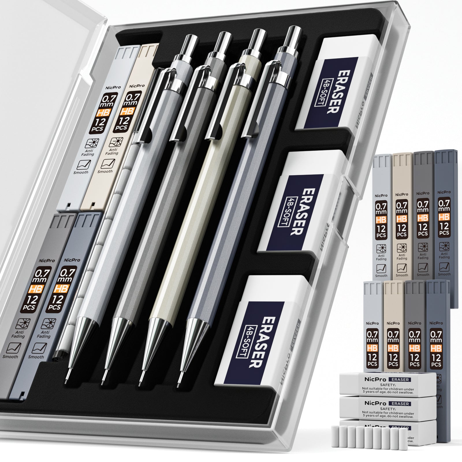 Nicpro 4PCS 0.7 mm Metal Mechanical Pencils Set, Lead Drafting Pencil for Artist Writing, Sketching, Drawing, with 8 Tubes HB Lead Refills & 3PCS 4B Erasers, 9PCS Erasers Refills | Come with Case