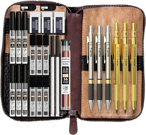 Nicpro 29PCS Art Mechanical Pencils Set in Leather Case, Gold Metal Drafting Pencil 0.5, 0.7, 0.9 mm, 2mm Lead Pencil Holders for Sketching Drawing With 13 Tube (2B HB 2H) Lead Refills