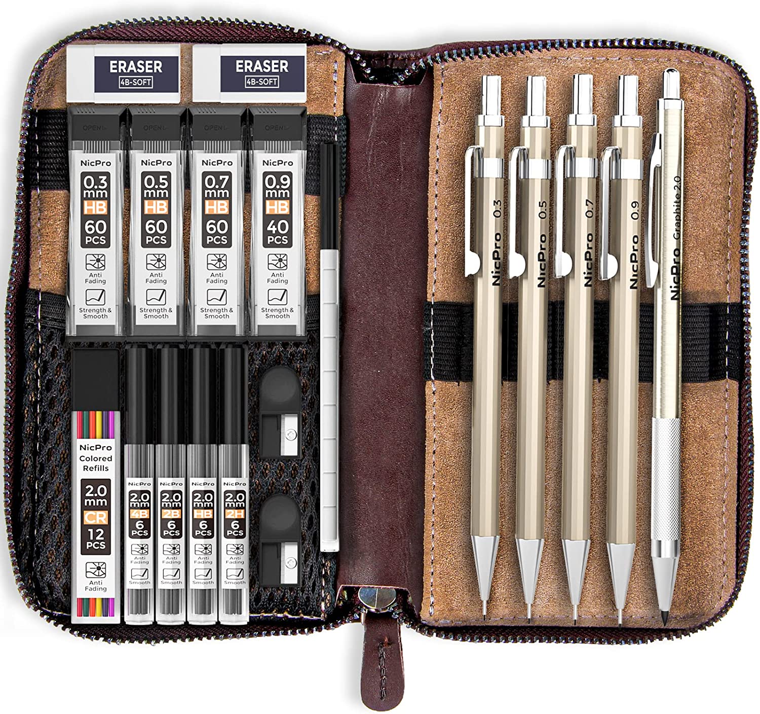 Nicpro 5 PCS Metal Mechanical Pencil Set in Leather Case, 0.3 & 0.5 & 0.7 & 0.9 mm & 2mm Lead Pencil Holders, (4B 2B HB 2H) Lead Refills (Black & Colors), Erasers, For Art Drafting Sketching Drawing