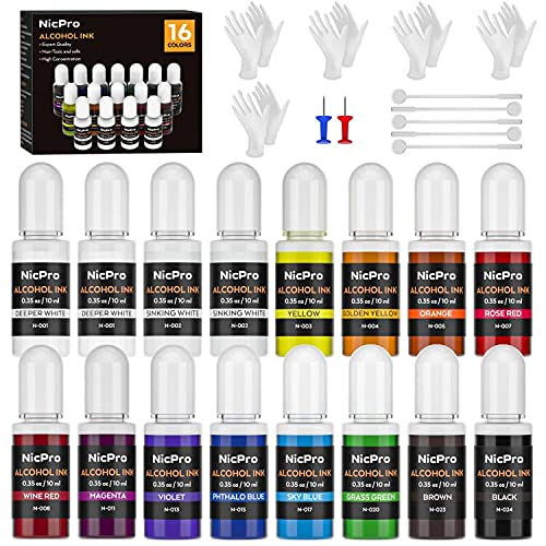 Nicpro 16 Bottle Alcohol Resin Ink Set, Concentrated Dye Liquid Alcohol-Based Color Pigment for Epoxy Resin Paint Craft DIY, Painting, Tumbler, Molds & Jewelry Making