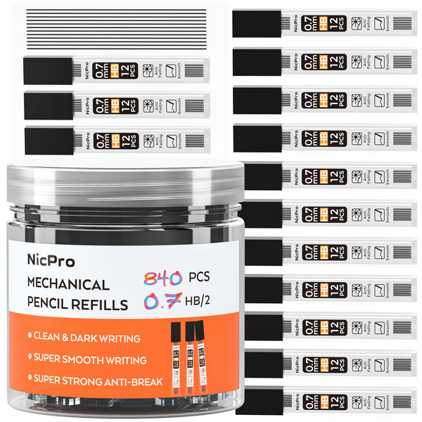 Nicpro 70 Tubes Lead Refills 0.7mm HB #2, Break Resistant Mechanical Pencil Refills 0.7 mm for Class Student Writing, Drawing, Drafting, Sketching (12PCS/Tube, 840pcs) | Come with Hard Box