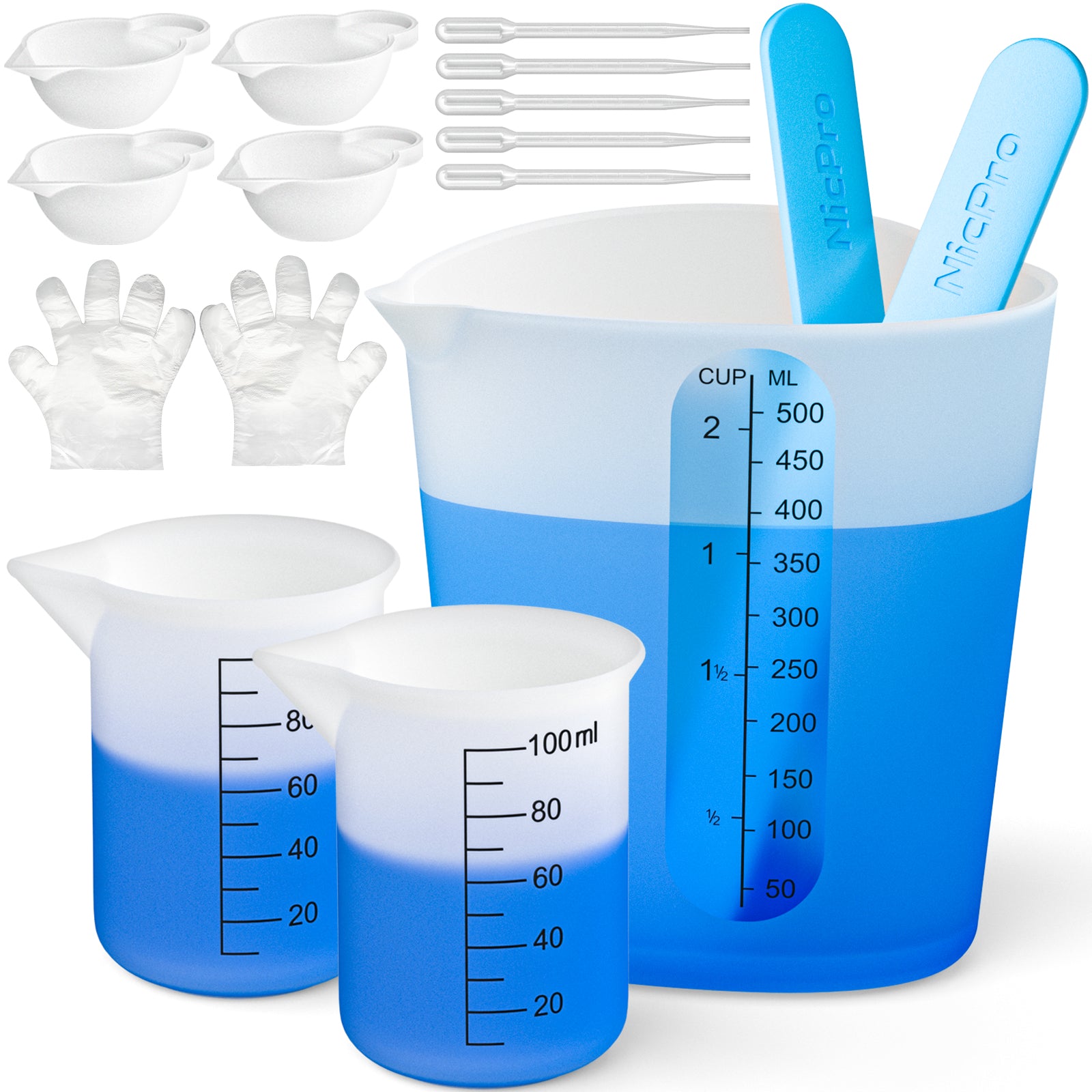Large Resin Silicone Measuring Cups Tool Set, Nicpro Heart Shape 500ml &100ml Measure Cups, Silicone Stir Sticks, Pipettes, Gloves for Epoxy Resin Mixing, Molds, Jewelry Making, Waxing, Easy Clean