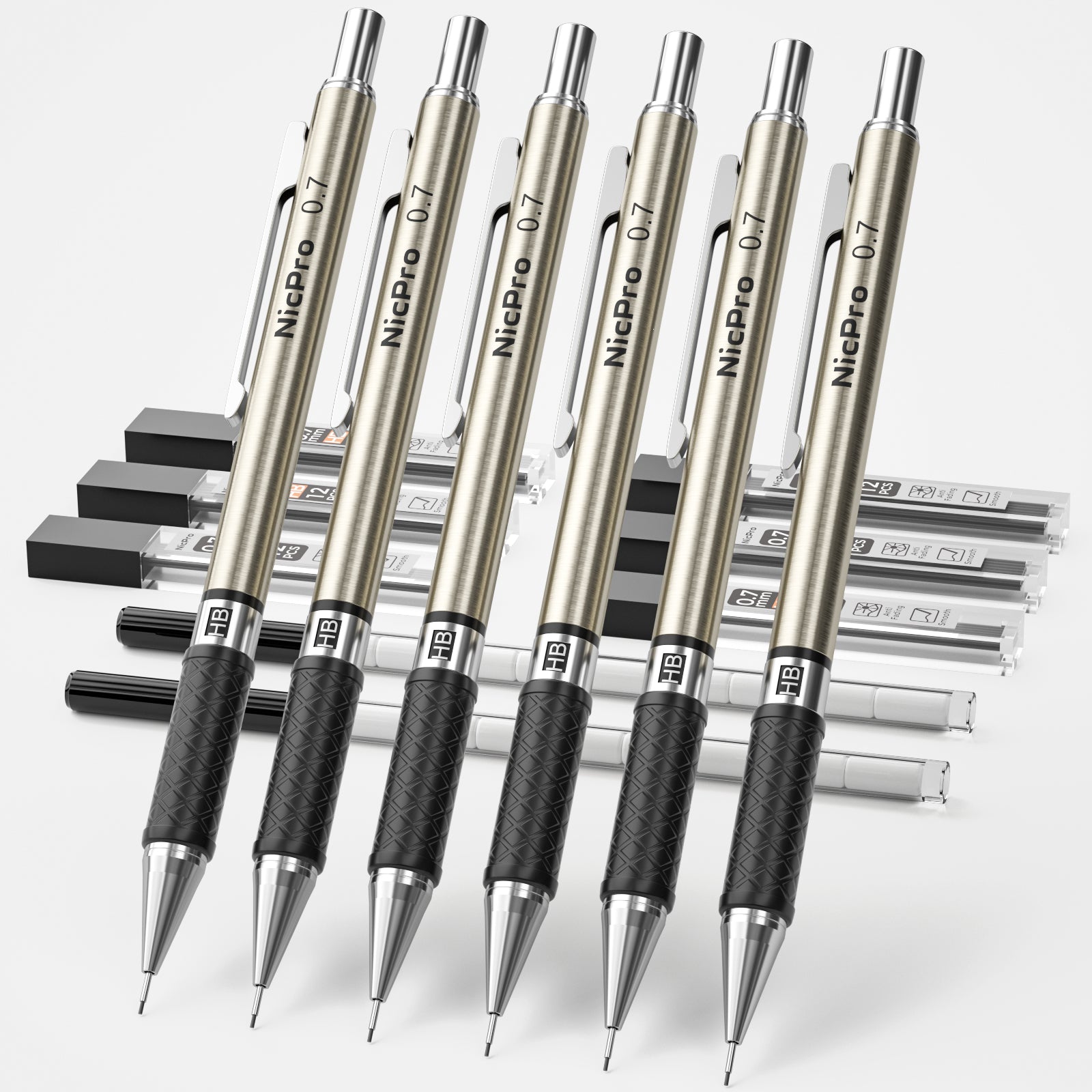 Nicpro 0.7 mm Art Mechanical Pencils Set, 6 PCS Metal Drafting Pencil 0.7mm with 6 Tube HB Lead Refills & 18 PCS Cap Eraser Refills for Adults, Children, Artist Writing, Drawing, Sketching