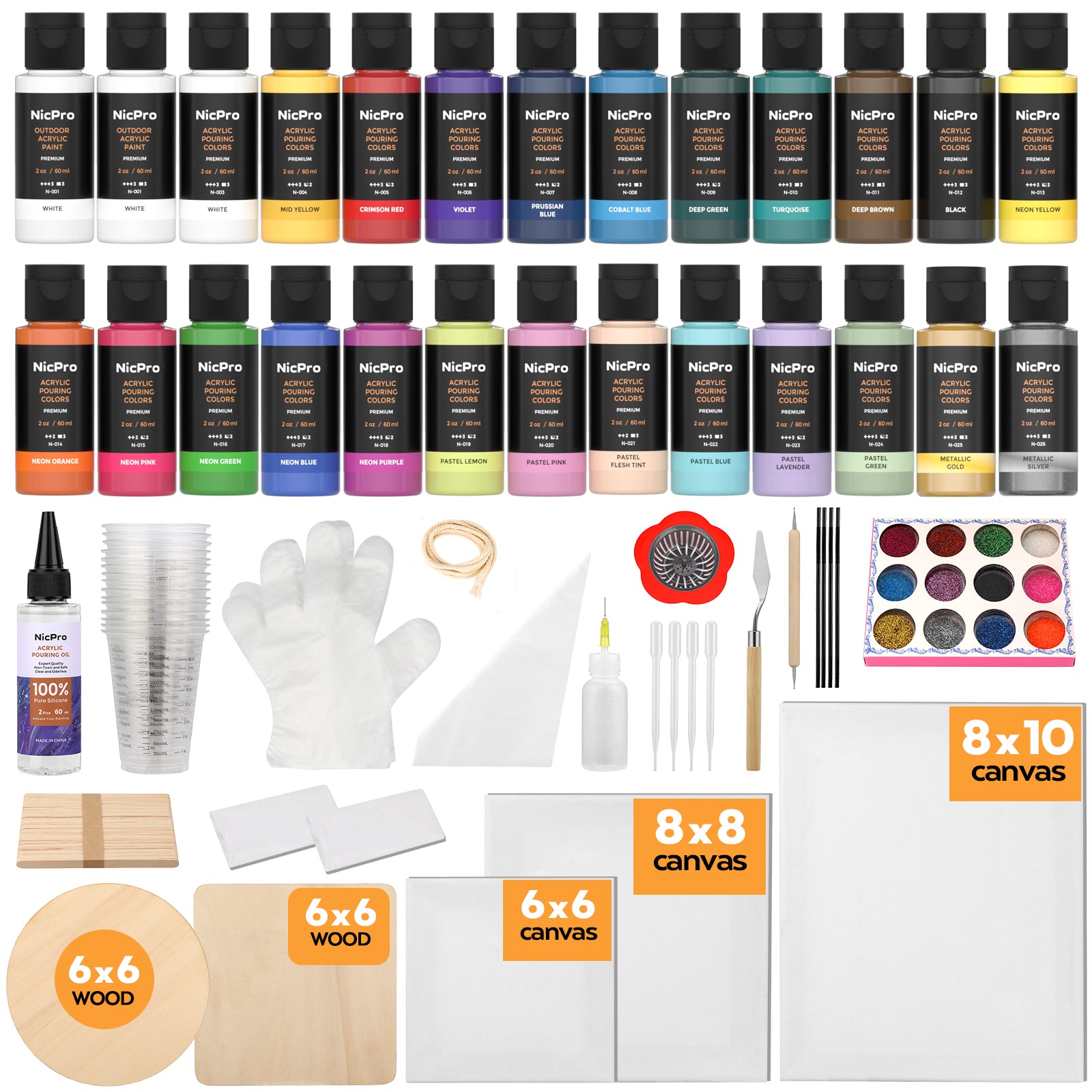 Nicpro 26 Colors Acrylic Pour Paint Kit, Premixed High Flow Paint Pouring Supplies Including Canvas, Wood Natural Slices, Pouring Oil, Tools Gloves, Strainer, Cups for Beginner DIY Painting
