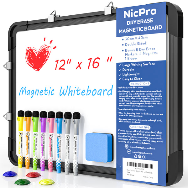 Nicpro Dry Erase Whiteboard Hanging, 12 x 16 inch Double Sided Large Magnetic Wall White Board with 8 Pens, 1 Eraser, 4 Magnets, Portable White Board for Kids Memo to Do List Students School (Black)