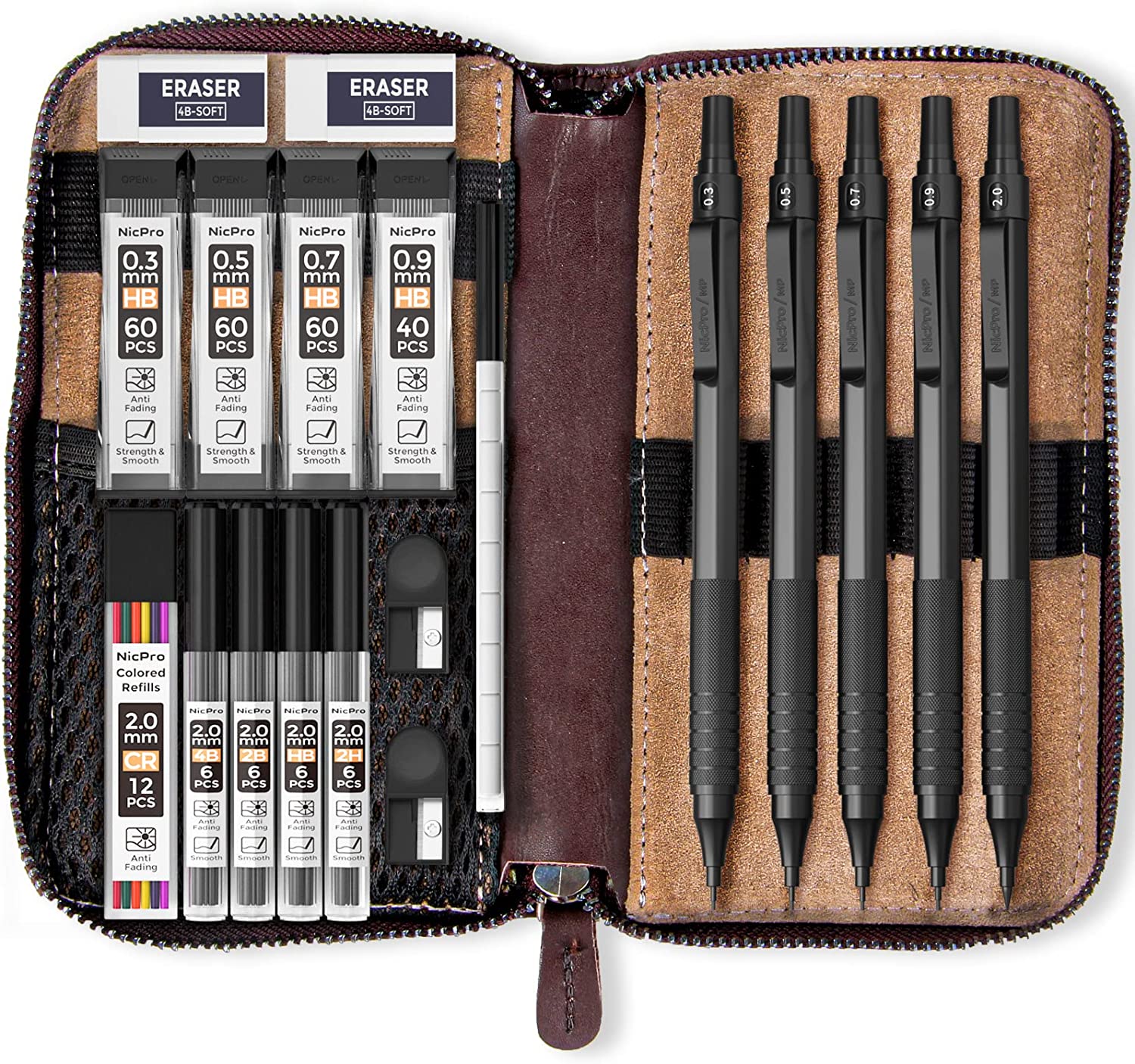 Nicpro 20PCS Black Metal Mechanical Pencil Set in Leather Case, 0.3, 0.5, 0.7, 0.9 mm & 2mm Lead Pencil Holders, 9 Tube (4B 2B HB 2H) Lead Refills, Erasers For Art Drafting Sketching Drawing