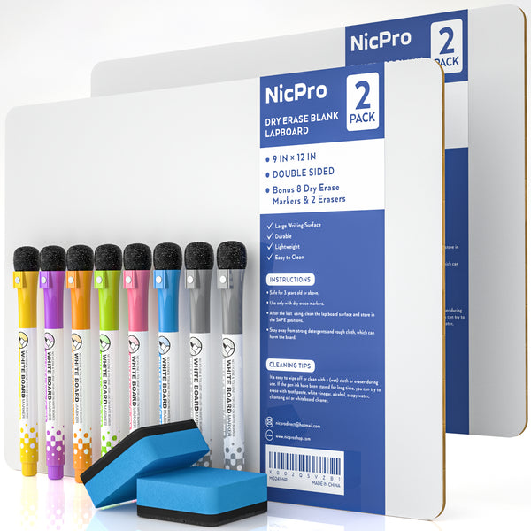 Nicpro 2 Pack Dry Erase Lap Board 9 x 12 Inches Double Sided Lapboard Bulk with 8 Water-Based Pens 2 Eraser, Learning Whiteboard Portable Drawing Board for Kid Student and Classroom Use