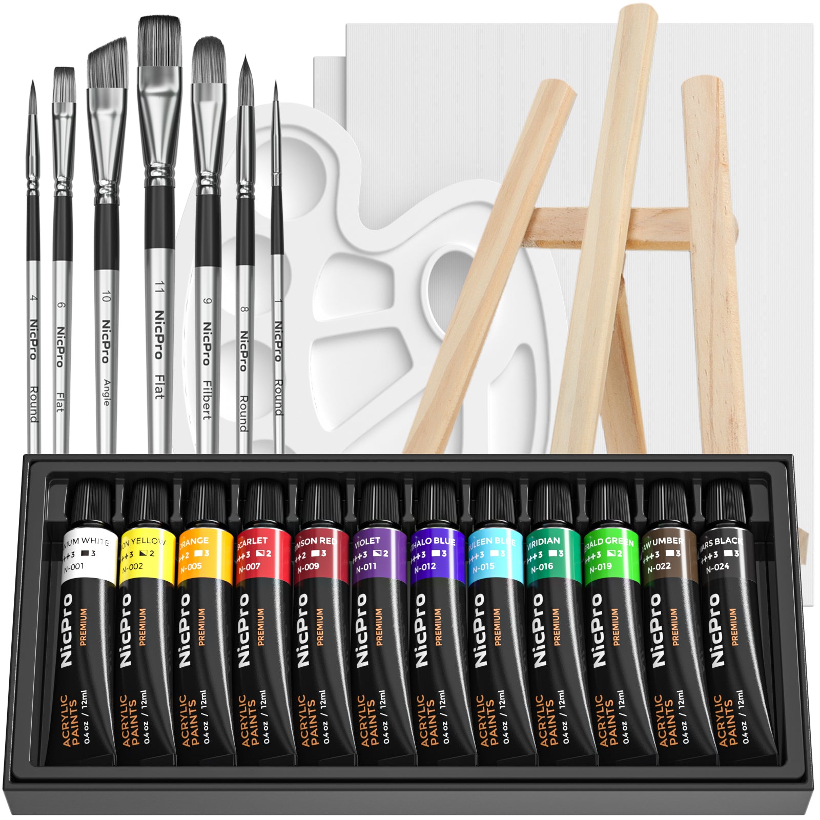 Nicpro Acrylic Canvas Painting Kit, Beginner Art Set Including 12 Rich Pigment Colors (12ml) 7 Brushes, 2 PCS Canvas, Wooden Easel, Supplies for Artist, Adult, Student & Kid