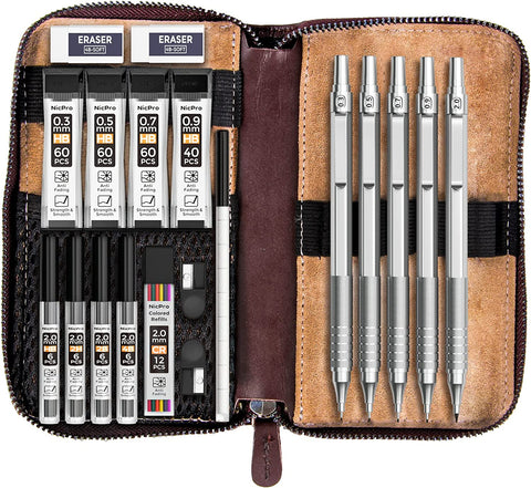 Nicpro 20PCS Metal Mechanical Pencil Set in Leather Case, 0.3, 0.5, 0.7, 0.9 mm & 2mm Lead Pencil Holders, 9 Tube (4B 2B HB 2H) Lead Refills(Black & Colors), Erasers For Art Drafting Sketching Drawing