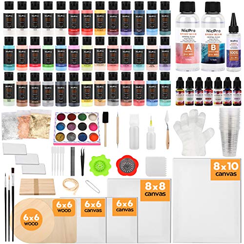 Nicpro 39 Colors Pouring Paint Kit, Ready to Pour Acrylic Paint Supplies With 4pcs Canvas and Wood Slices, Epoxy Resin, Pour Oil, Tool including Brushes, Gloves, Strainer, Cup, Epoxy Resin, Instructions Flow DIY Painting