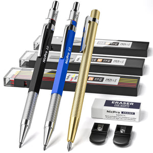 Nicpro Mechanical Carpenter Pencils Set 2.0 mm, Carbide Scriber Tool with 36 Marker Lead Refills Black &Colors, Erasers, Sharpener for Ceramics, Woodworking, Glass, Hardened Steel