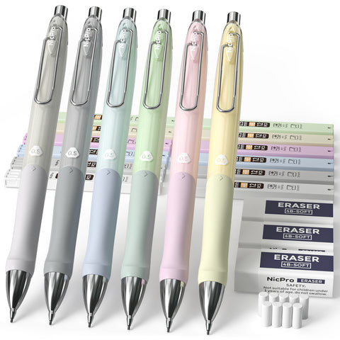 Nicpro 6 Colors Pastel Mechanical Pencil 0.5 mm for School, Artist, Student Writing, Drawing, Drafting, Sketching with Great Grip, HB Lead Refills, Erasers, Eraser Refills | Come with Plastic Case