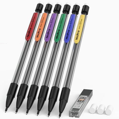 Nicpro 6 PCS 0.7 mm Mechanical Pencil Set, Color Pencil Clips Design Drafting Pencil with HB Lead Refills, 3 Eraser Refills for Student Writing, Drawing, Sketching