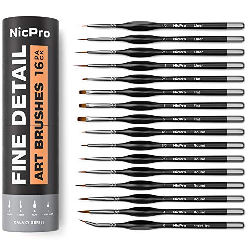 Nicpro New Small Detail Paint Brush Set,16 Professional Miniature Fine Detail Brushes for Watercolor Oil Acrylic,Craft Models Rock Painting & Paint by Number