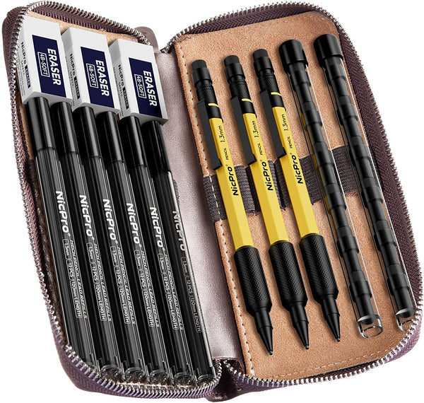 Nicpro 3PCS 1.3 mm Mechanical Pencils Set in Leather Case, with 72 Lead Refill,3 Eraser & 12 Refills, Weatherproof Metal Barrel,Heavy Duty Carpenter Pencil for Outdoor Marking Drafting Woodworking