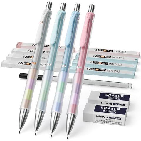 Nicpro 4 PCS 0.9 mm Mechanical Pencil Set With Storage Case, Pastel Drafting Pencil For Student School Writing, Sketching Drawing, With HB #2 Lead Refills Erasers