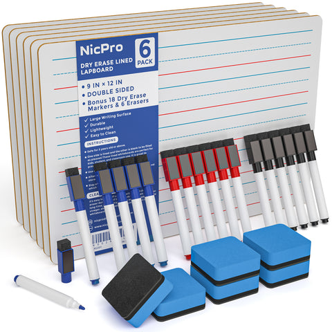 Nicpro 6 Pack Dry Erase Lap Board Set 9 x 12 Inch Double Sided Lined & Blank Lapboard Ruled With 18 Water-based Pens 6 Eraser