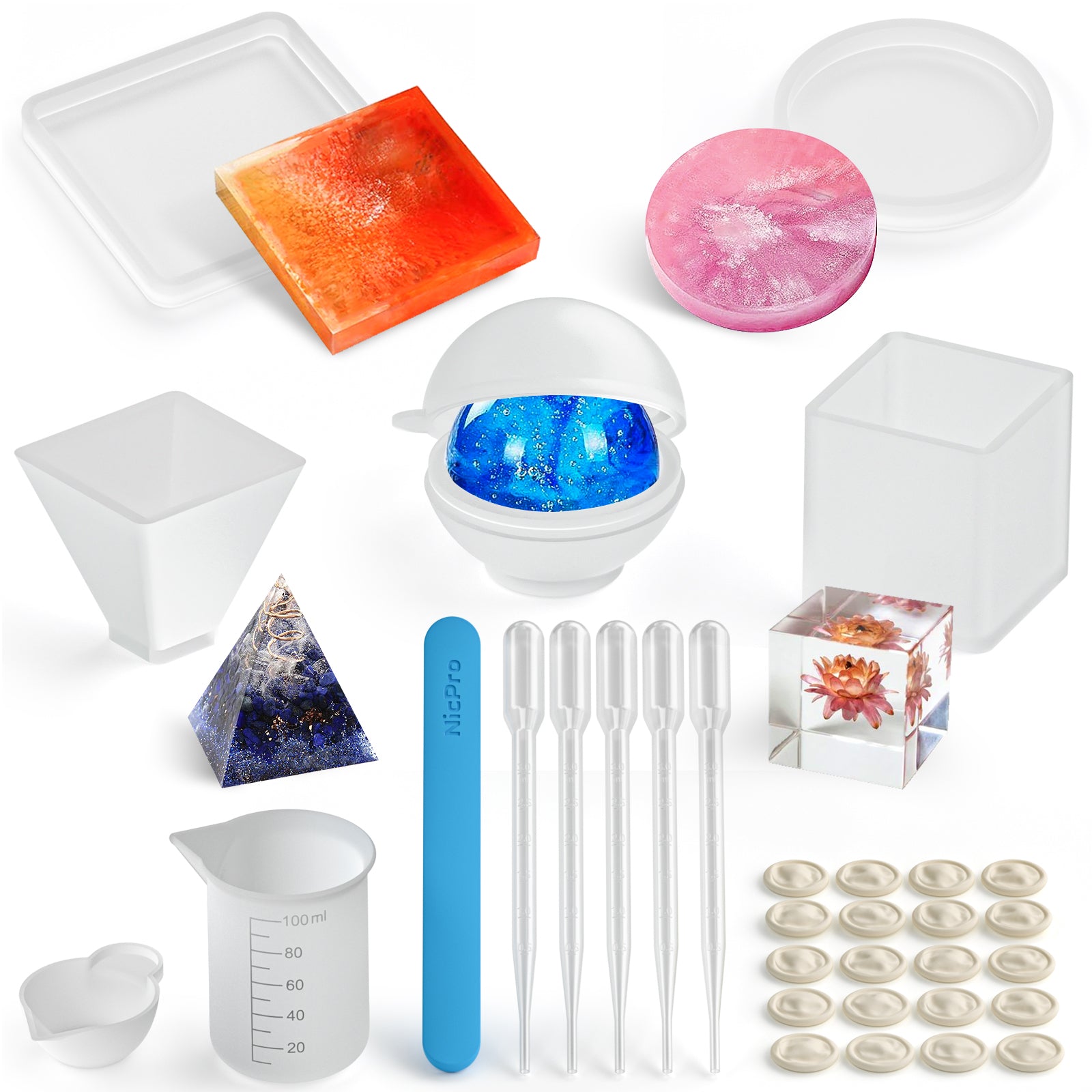 Silicone Epoxy Resin Mold Bundle Kits, Nicpro 5PCS Large Resin Casting Molds Square, Cube, Sphere, Round, Pyramid with Silicone Measure Cup and Sticks for Candle Wax, Soap Bowl Mat