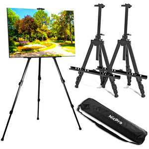 Nicpro 2 Pack Artist Easel Stand, Adjustable Height 17" to 63" Aluminum Metal Tripod Easel for Table Top & Floor, Painting Easel for Display, Posters, Signs Artwork & Trade Exhibitions with Bag- Black