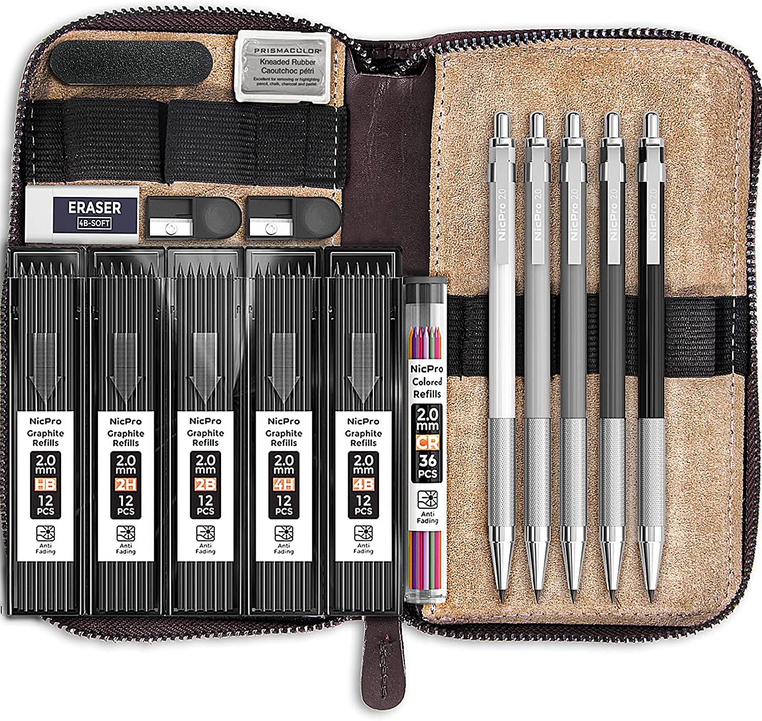 Nicpro 17PCS Metal 2mm Mechanical Pencil Set in Leather Case, 2.0 mm Lead Pencil Holders (4B 2B HB 2H 4H) 6 Tube Black Lead Refills & Colored Lead, Erasers,Sharpener For Art Drafting Sketching Drawing